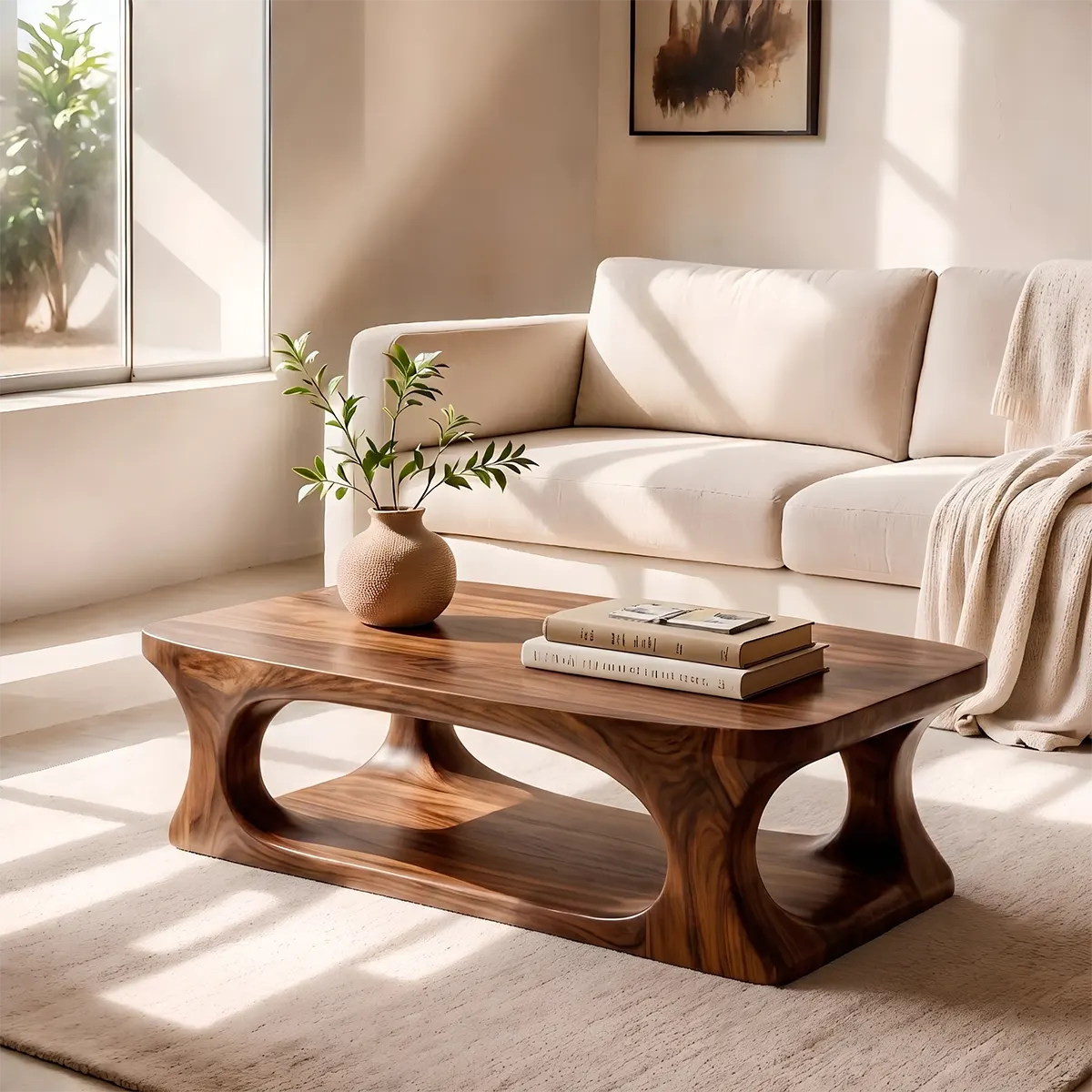 Modern Coffee Table with Shelf | Organic Sculptural Cocktail Table for Contemporary Living Room TT006-5621