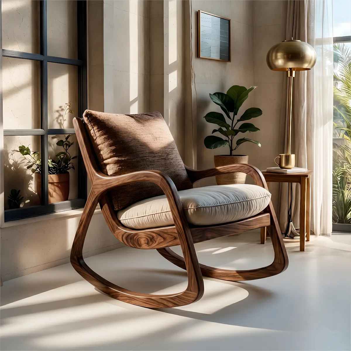 Handcrafted Solid Wood Rocking Lounge Chair, Organic Walnut Accent Chair