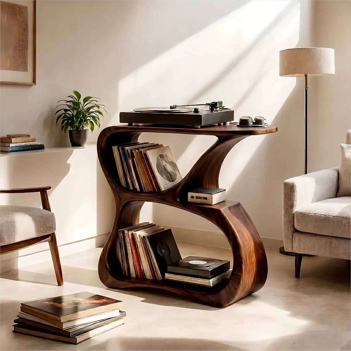 Luxury Solid Wood Record Player Stand, Curved Wooden Vinyl Storage Cabinet