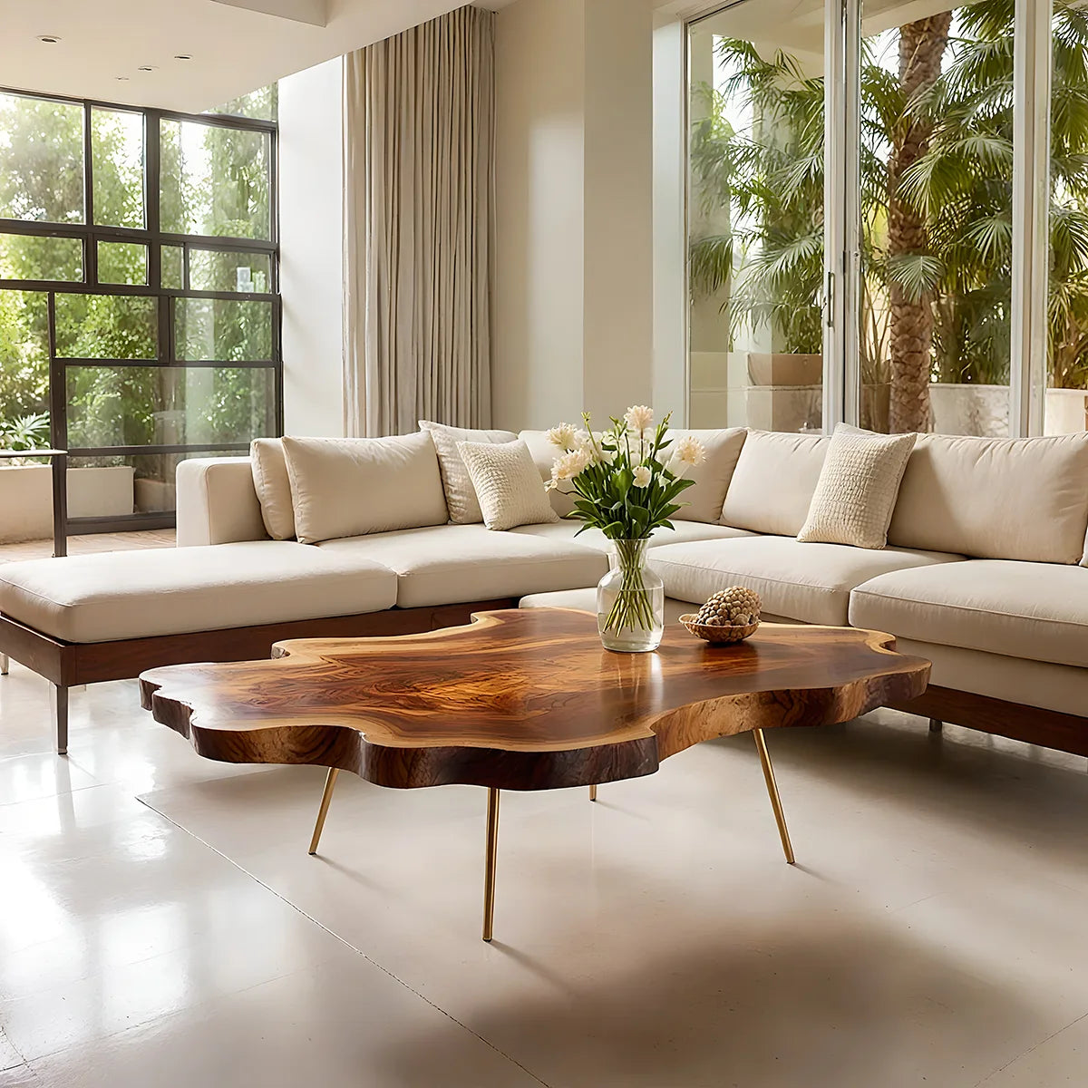 Large Organic Live Edge Solid Wood Coffee Table with Metal Legs