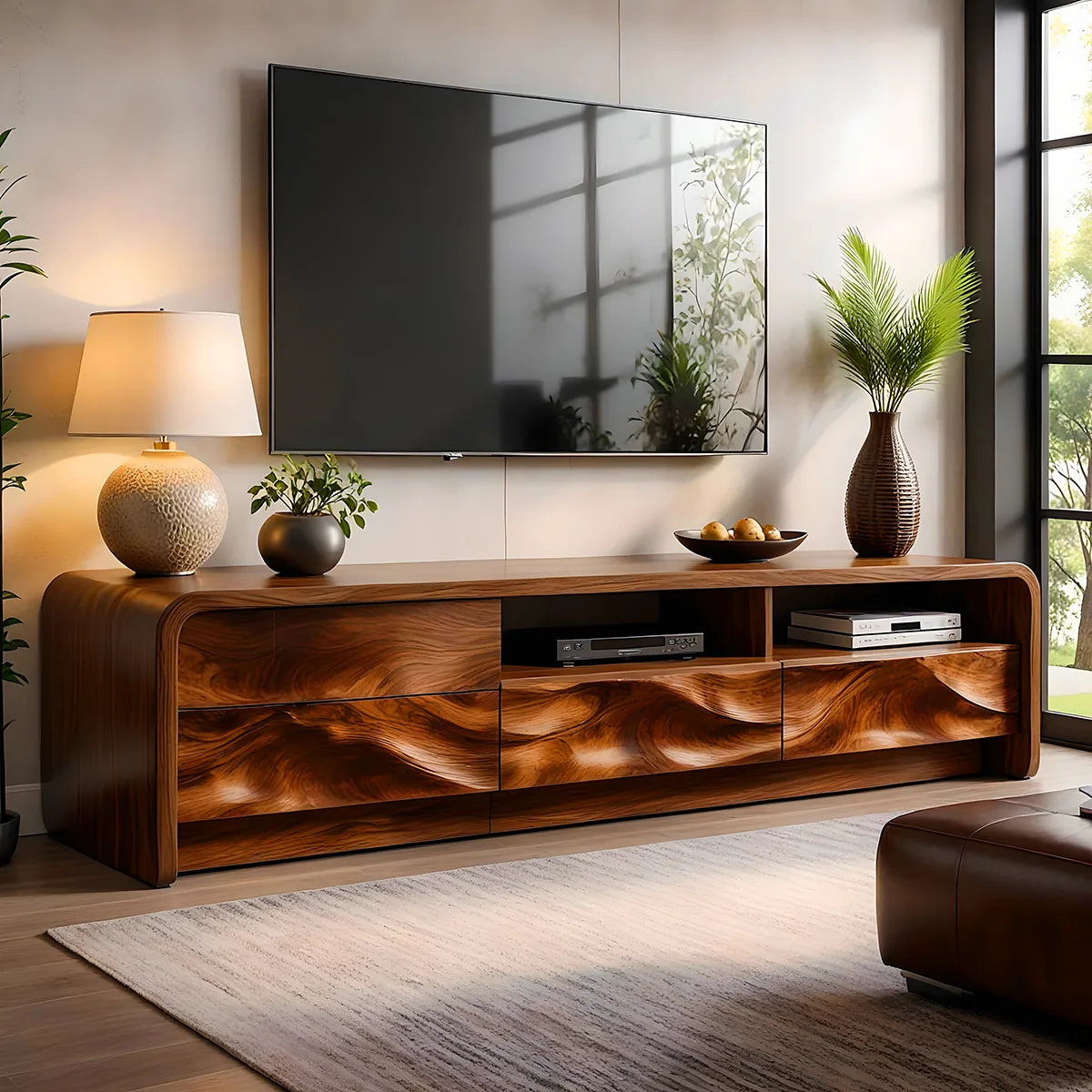 Modern Solid Wood Rounded TV Stand with Wavy Carved Drawers