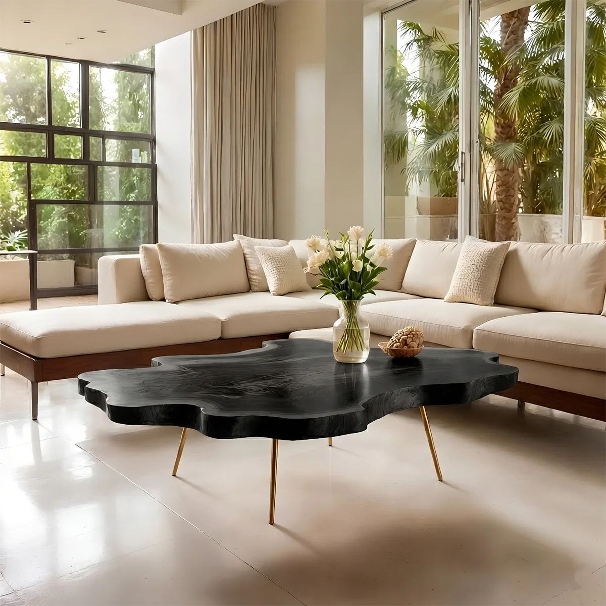 Large Organic Live Edge Solid Wood Coffee Table with Metal Legs
