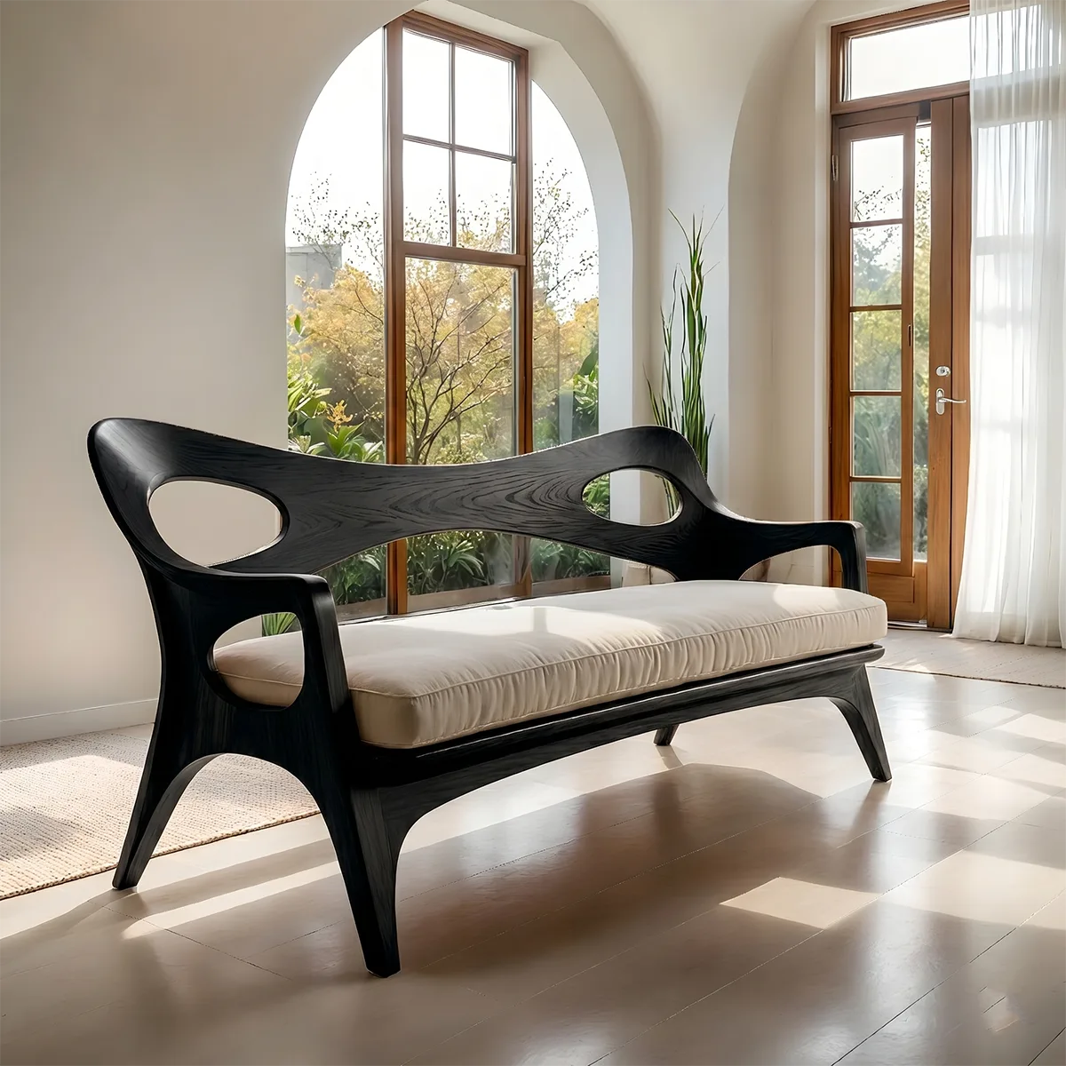 Artisan Organic Wooden Sofa with Sculptural Open-Frame Design