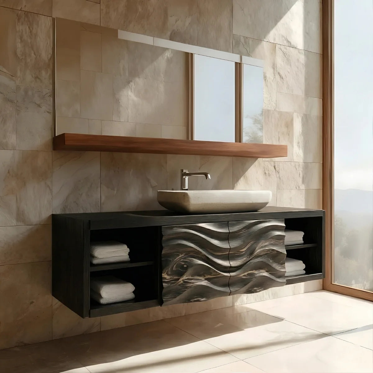 Floating Solid Wood Bathroom Vanity with Carved Wave Doors and Open Side Shelves