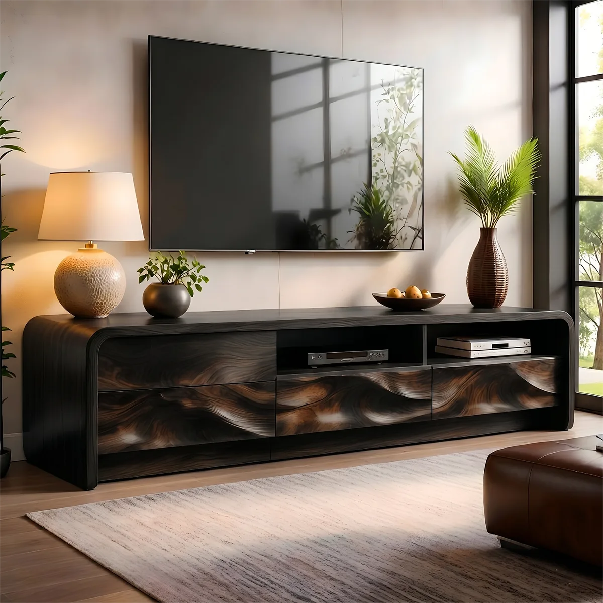 Modern Solid Wood Rounded TV Stand with Wavy Carved Drawers