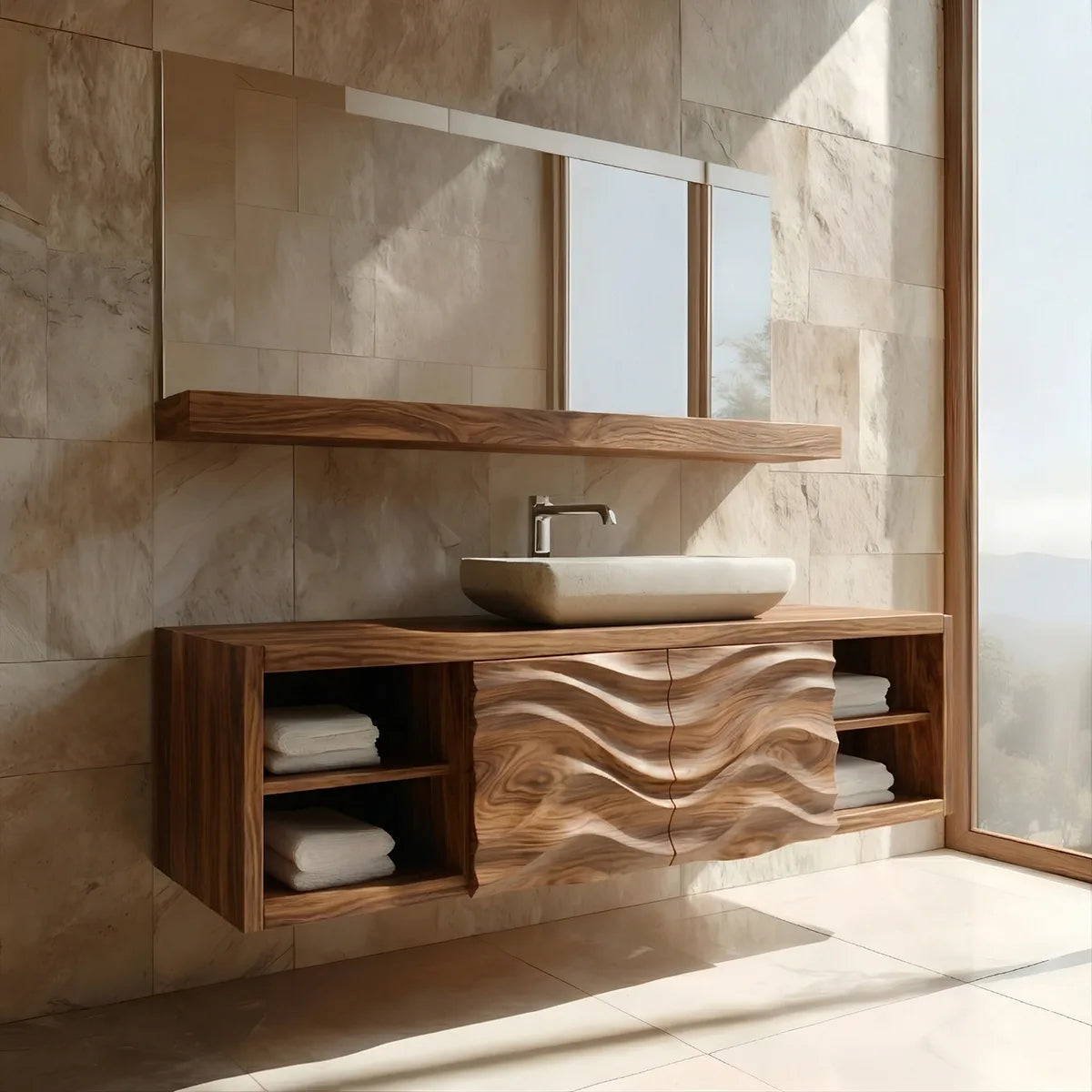 Floating Solid Wood Bathroom Vanity with Carved Wave Doors and Open Side Shelves