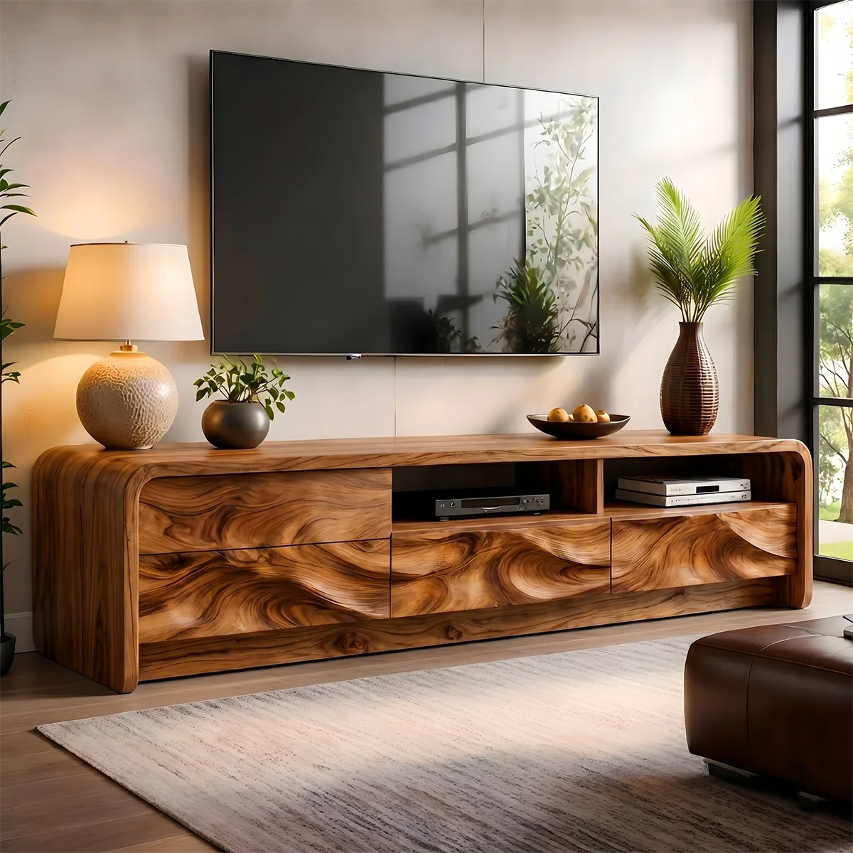 Modern Solid Wood Rounded TV Stand with Wavy Carved Drawers