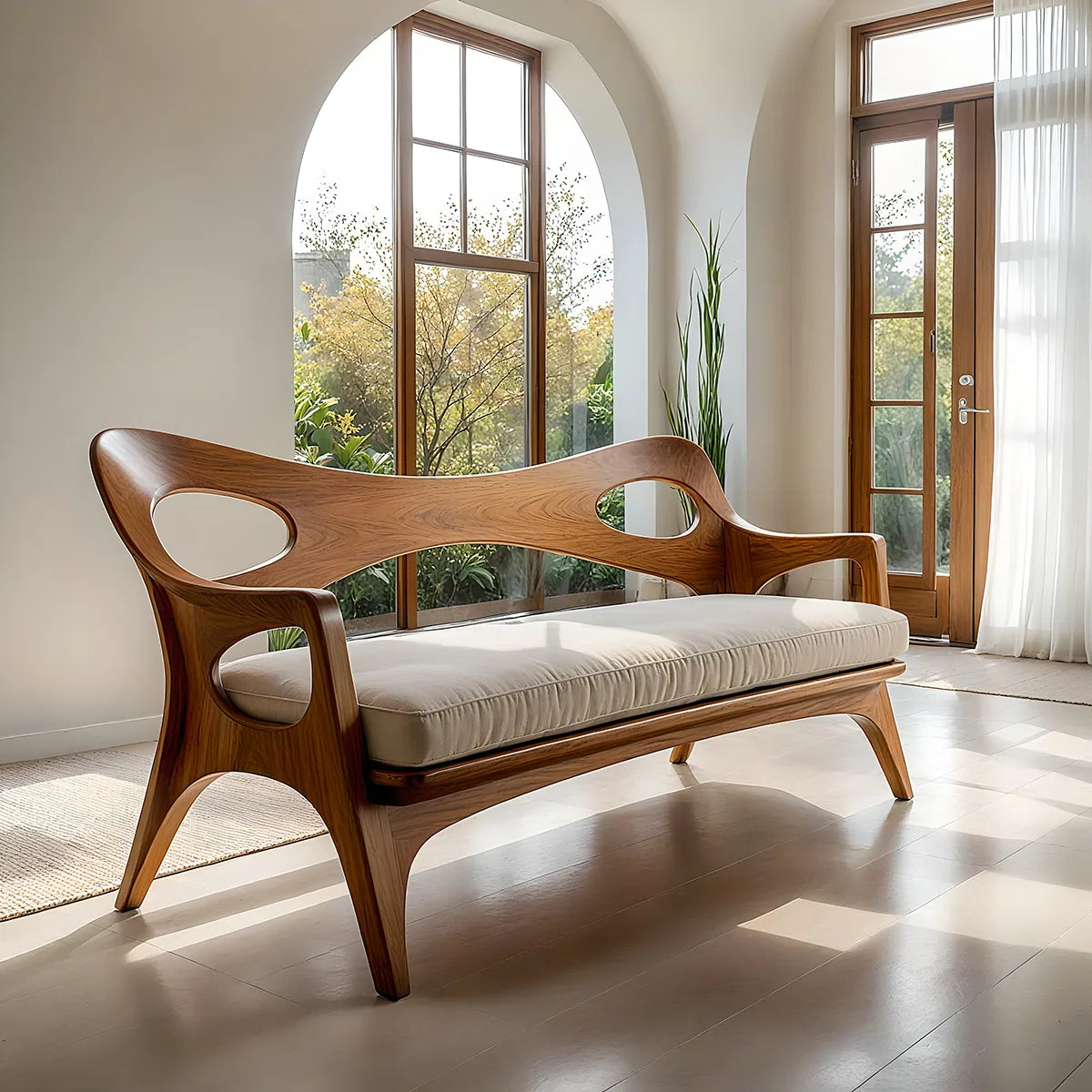 Artisan Organic Wooden Sofa with Sculptural Open-Frame Design