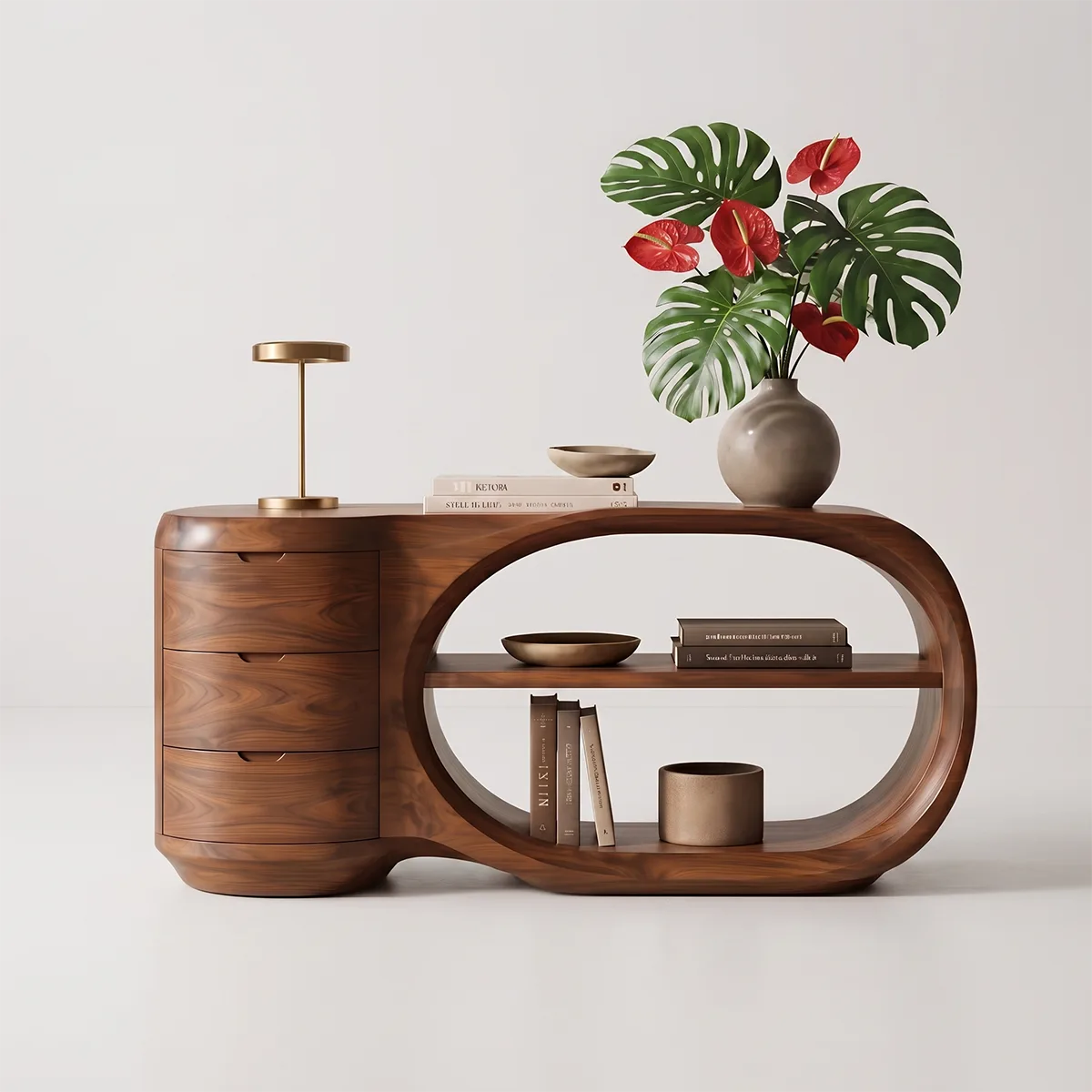 Modern Organic Storage Console Table with 3 Drawers & Open Shelves | Solid Wood Entryway Console TT006-7304