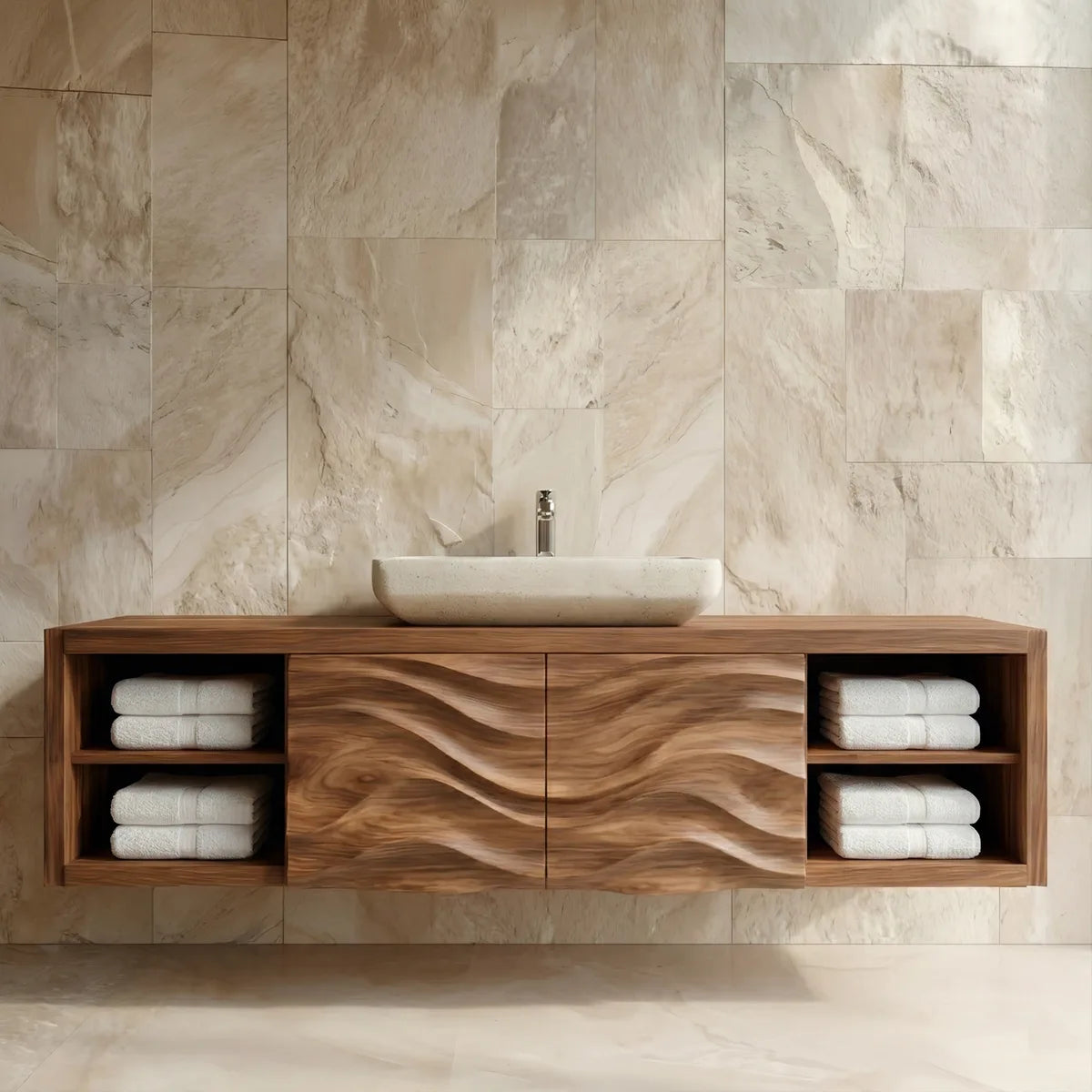 Floating Solid Wood Bathroom Vanity with Carved Wave Doors and Open Side Shelves