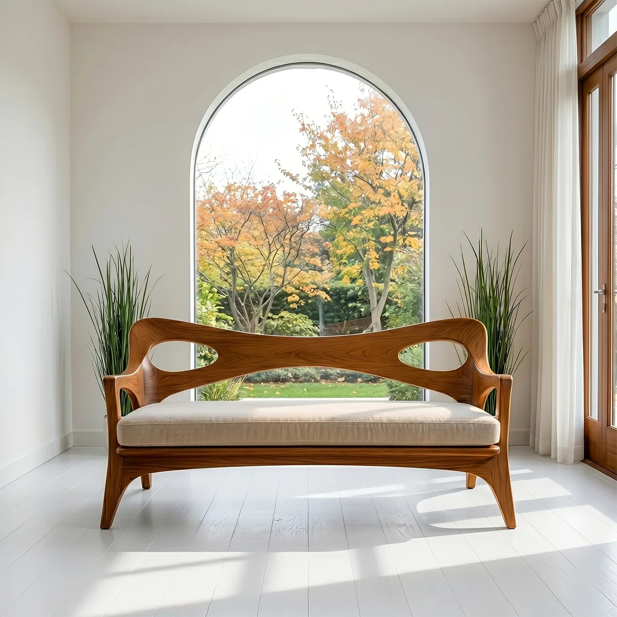 Artisan Organic Wooden Sofa with Sculptural Open-Frame Design