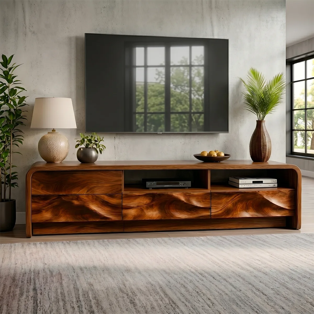 Modern Solid Wood Rounded TV Stand with Wavy Carved Drawers