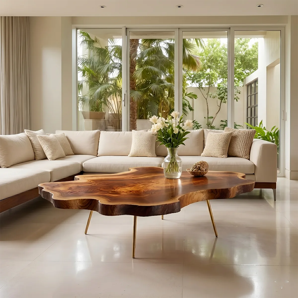 Large Organic Live Edge Solid Wood Coffee Table with Metal Legs