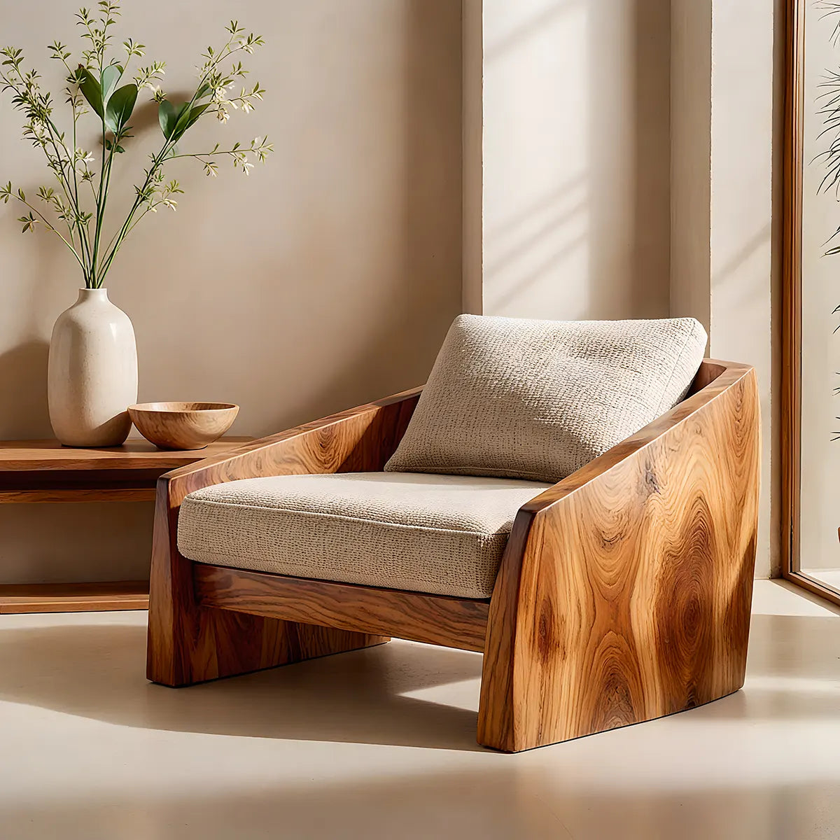 Modern Solid Wood Lounge Chair | Handcrafted Wooden Accent Chair with Sculptural Design TT006-1708