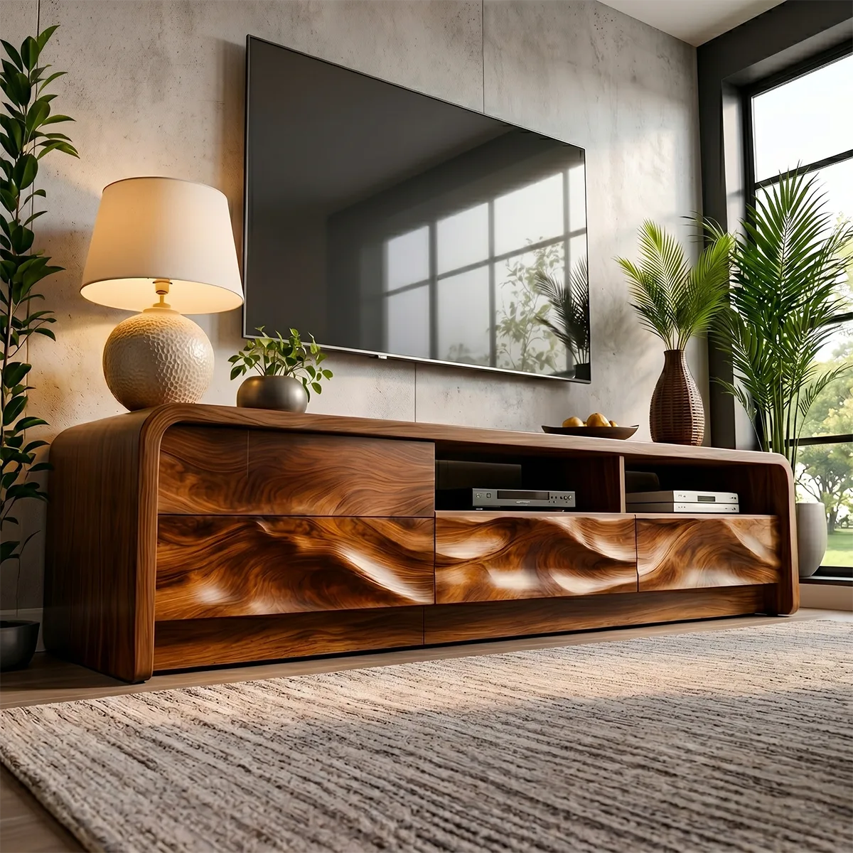 Modern Solid Wood Rounded TV Stand with Wavy Carved Drawers