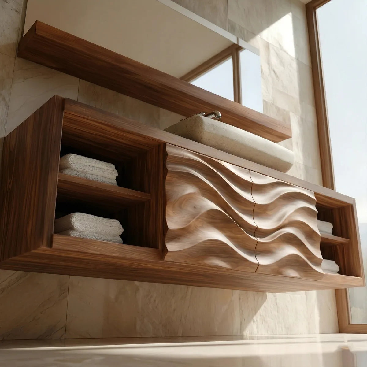 Floating Solid Wood Bathroom Vanity with Carved Wave Doors and Open Side Shelves