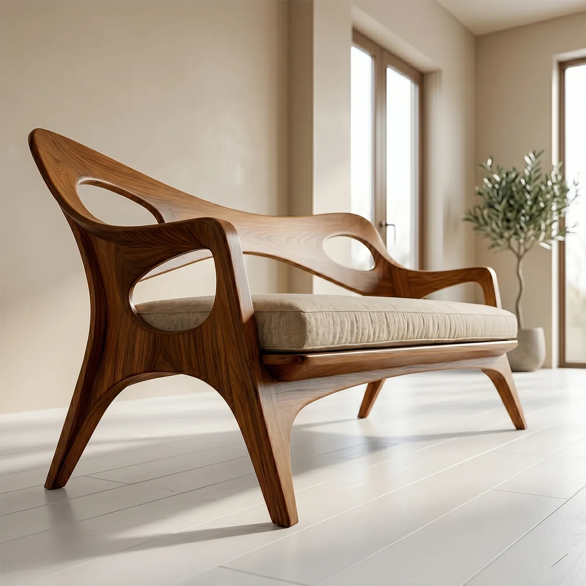 Artisan Organic Wooden Sofa with Sculptural Open-Frame Design