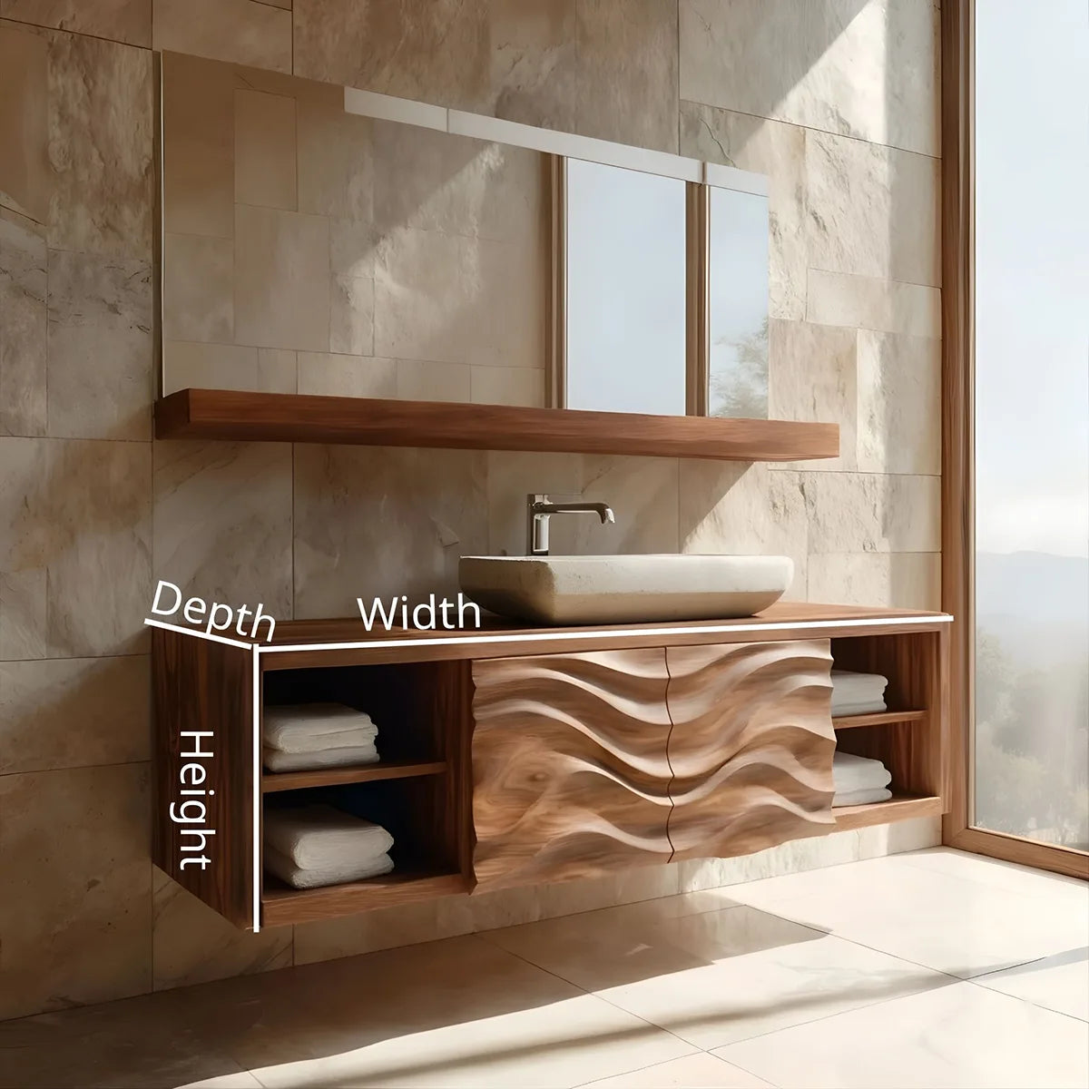 Floating Solid Wood Bathroom Vanity with Carved Wave Doors and Open Side Shelves