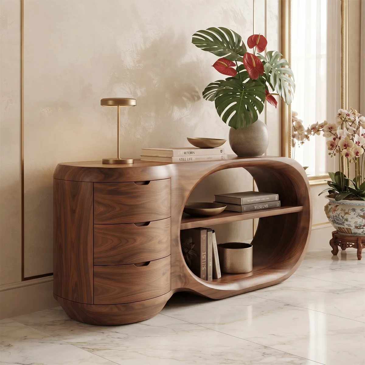Modern Organic Storage Console Table with 3 Drawers & Open Shelves | Solid Wood Entryway Console TT006-7304