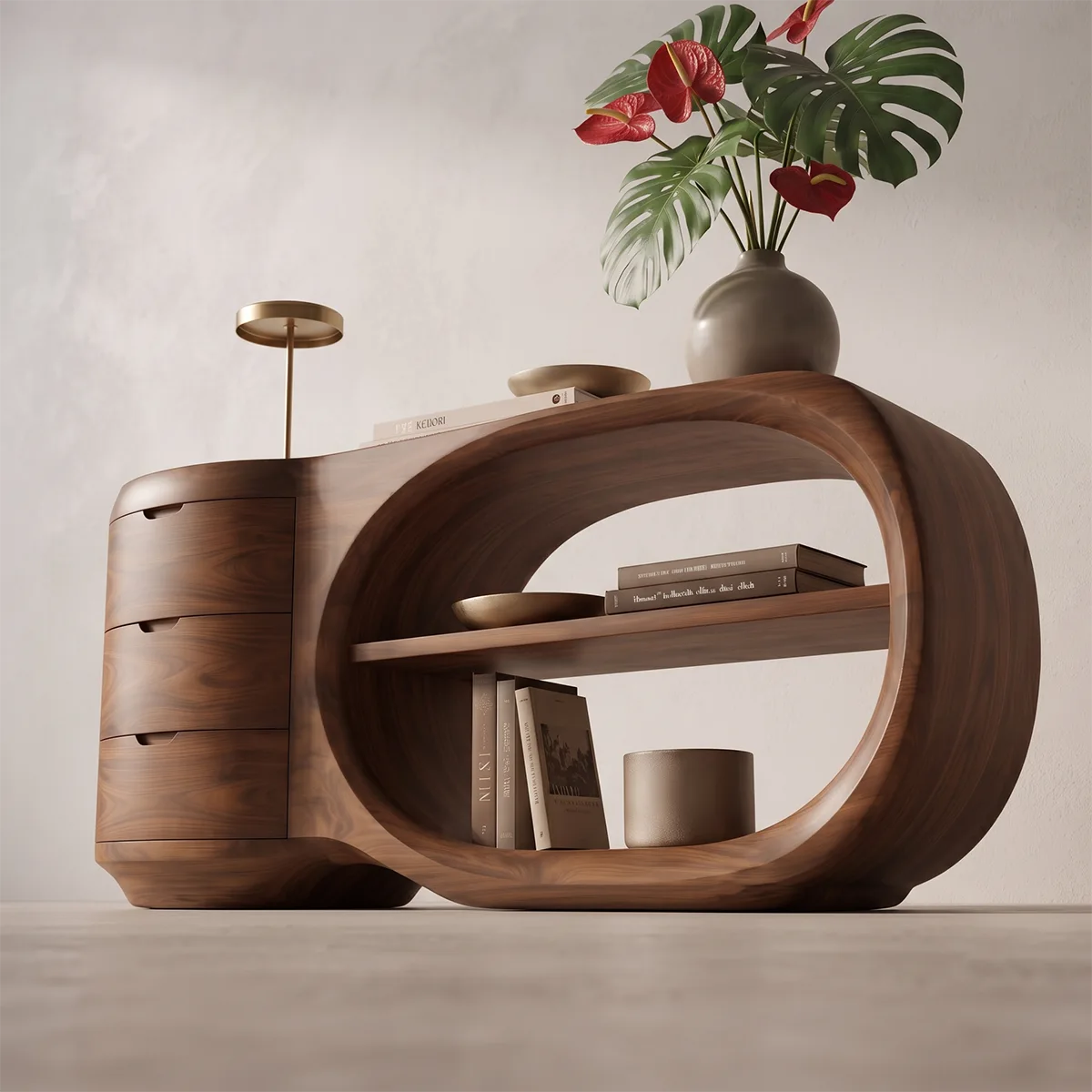 Modern Organic Storage Console Table with 3 Drawers & Open Shelves | Solid Wood Entryway Console TT006-7304