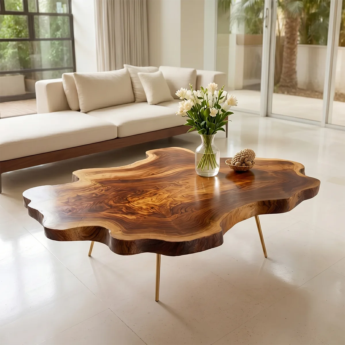 Large Organic Live Edge Solid Wood Coffee Table with Metal Legs