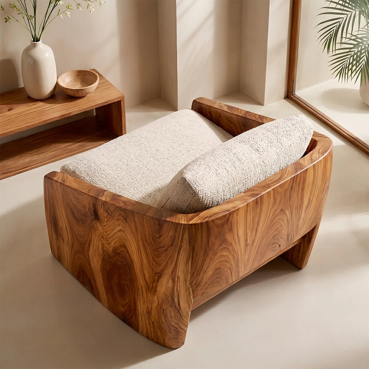 Modern Solid Wood Lounge Chair | Handcrafted Wooden Accent Chair with Sculptural Design TT006-1708