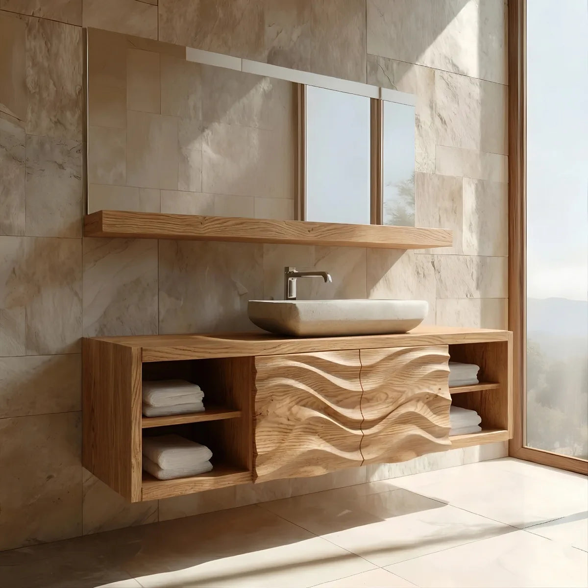Floating Solid Wood Bathroom Vanity with Carved Wave Doors and Open Side Shelves