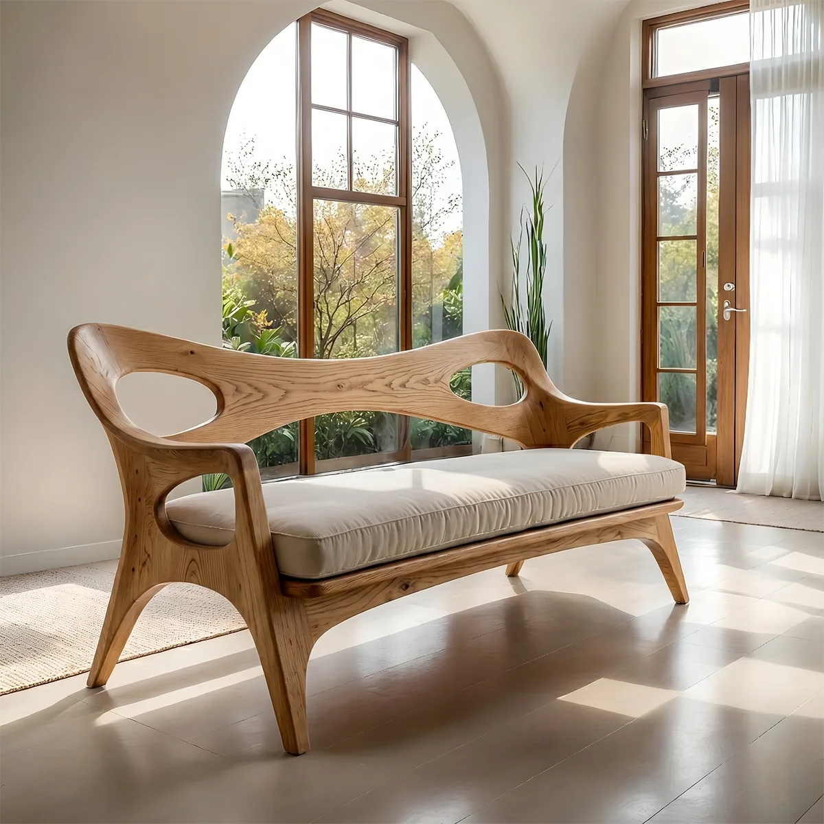 Artisan Organic Wooden Sofa with Sculptural Open-Frame Design