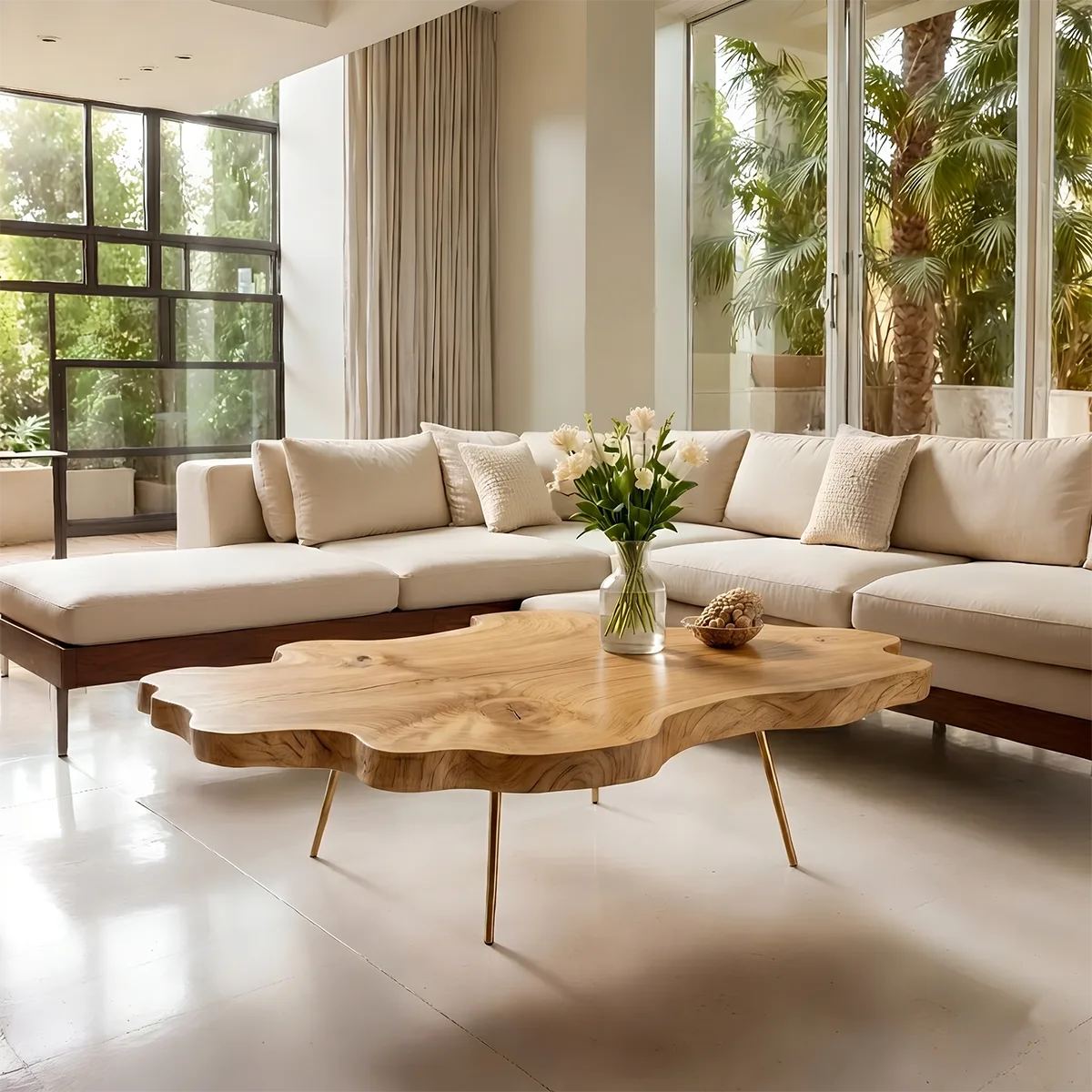Large Organic Live Edge Solid Wood Coffee Table with Metal Legs