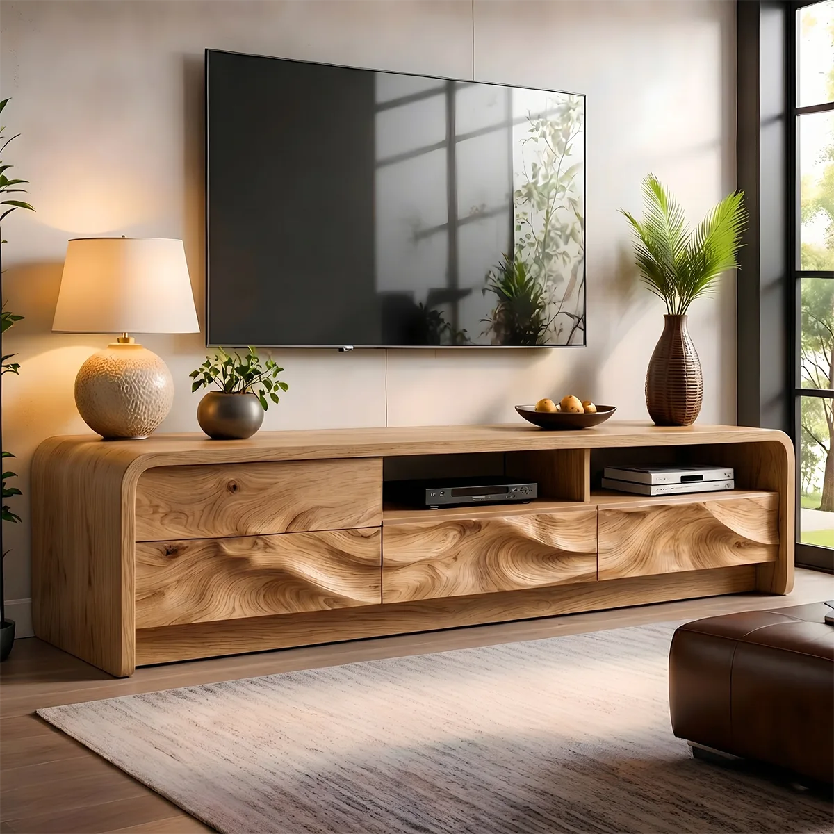 Modern Solid Wood Rounded TV Stand with Wavy Carved Drawers
