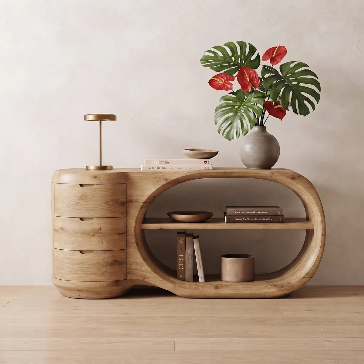 Modern Organic Storage Console Table with 3 Drawers & Open Shelves | Solid Wood Entryway Console TT006-7304