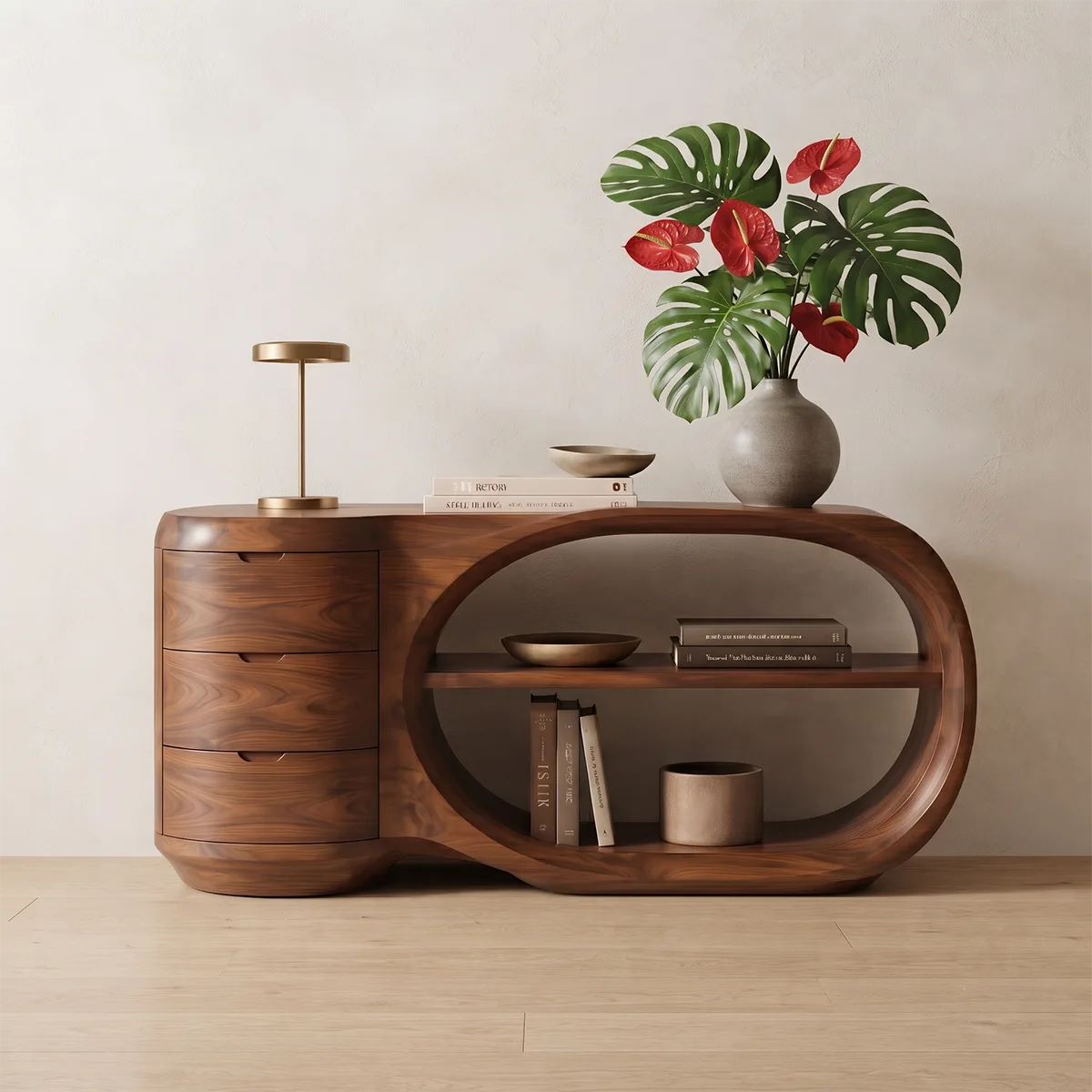 Modern Organic Storage Console Table with 3 Drawers & Open Shelves | Solid Wood Entryway Console TT006-7304