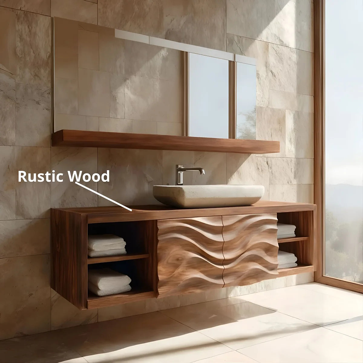 Floating Solid Wood Bathroom Vanity with Carved Wave Doors and Open Side Shelves