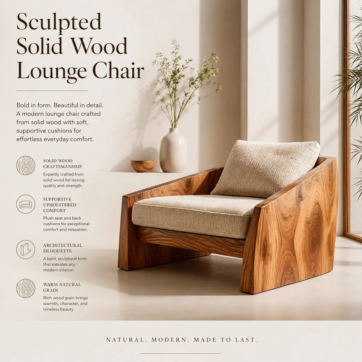 Modern Solid Wood Lounge Chair | Handcrafted Wooden Accent Chair with Sculptural Design TT006-1708