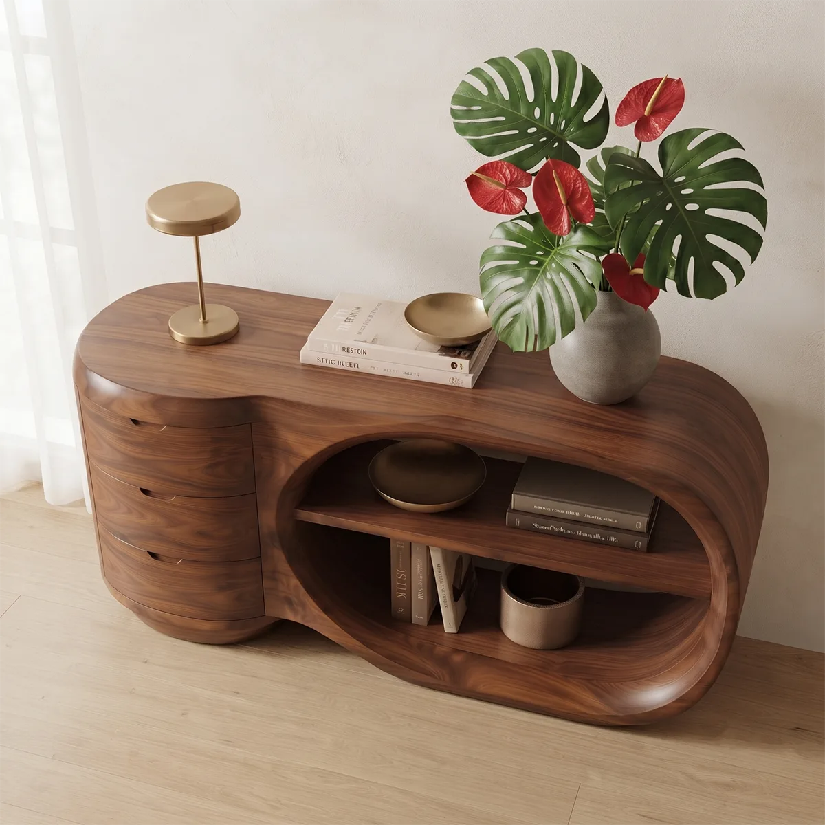 Modern Organic Storage Console Table with 3 Drawers & Open Shelves | Solid Wood Entryway Console TT006-7304