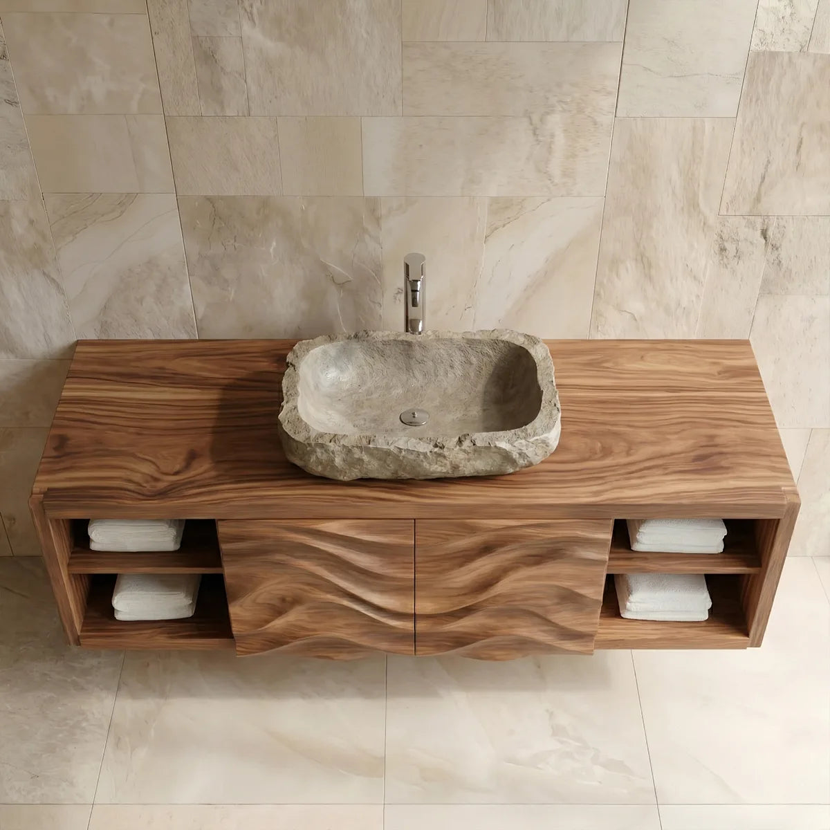 Floating Solid Wood Bathroom Vanity with Carved Wave Doors and Open Side Shelves