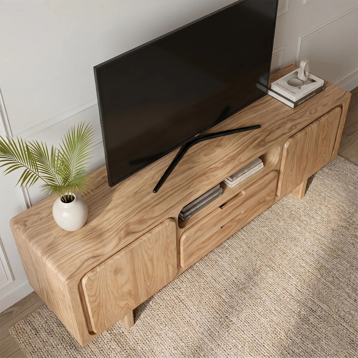 Modern Solid Wood Rounded TV Stand with Square Inset Cabinets