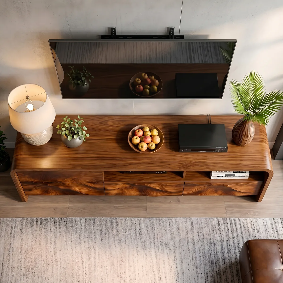 Modern Solid Wood Rounded TV Stand with Wavy Carved Drawers