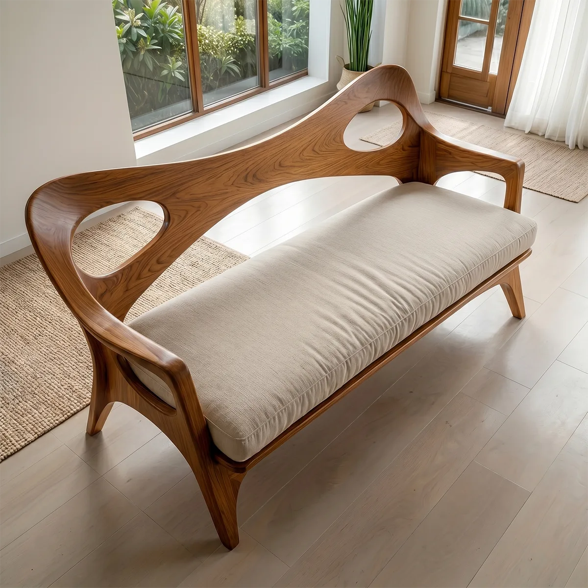 Artisan Organic Wooden Sofa with Sculptural Open-Frame Design
