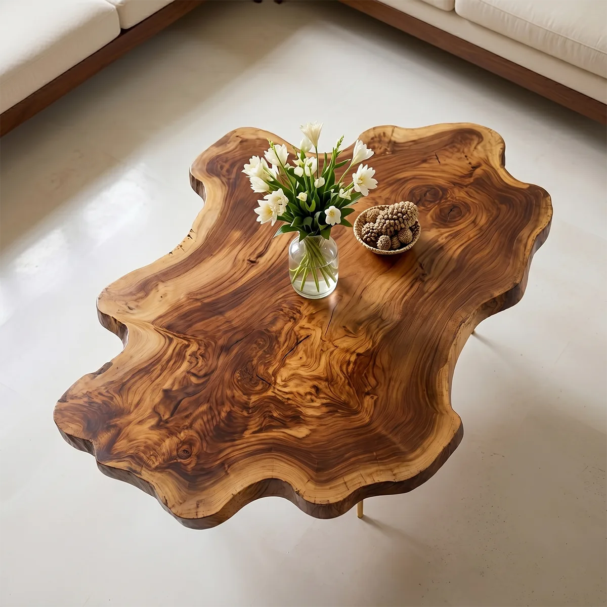 Large Organic Live Edge Solid Wood Coffee Table with Metal Legs