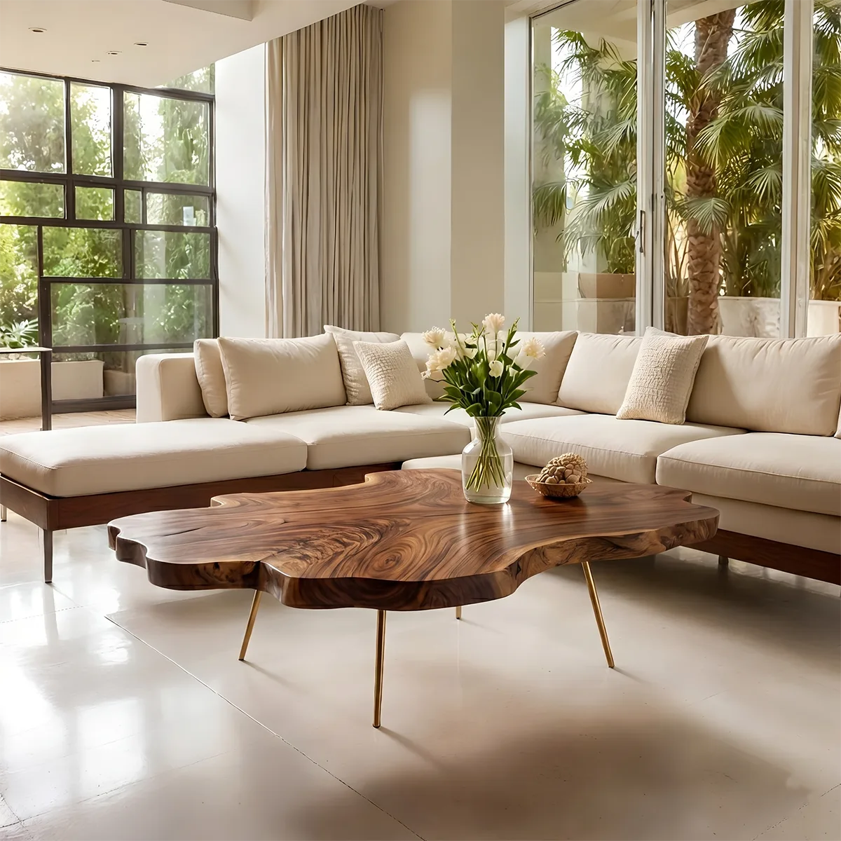 Large Organic Live Edge Solid Wood Coffee Table with Metal Legs