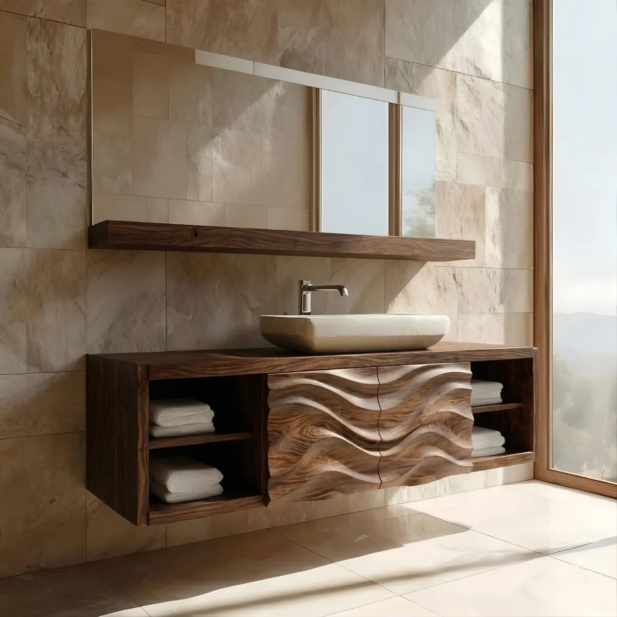 Floating Solid Wood Bathroom Vanity with Carved Wave Doors and Open Side Shelves
