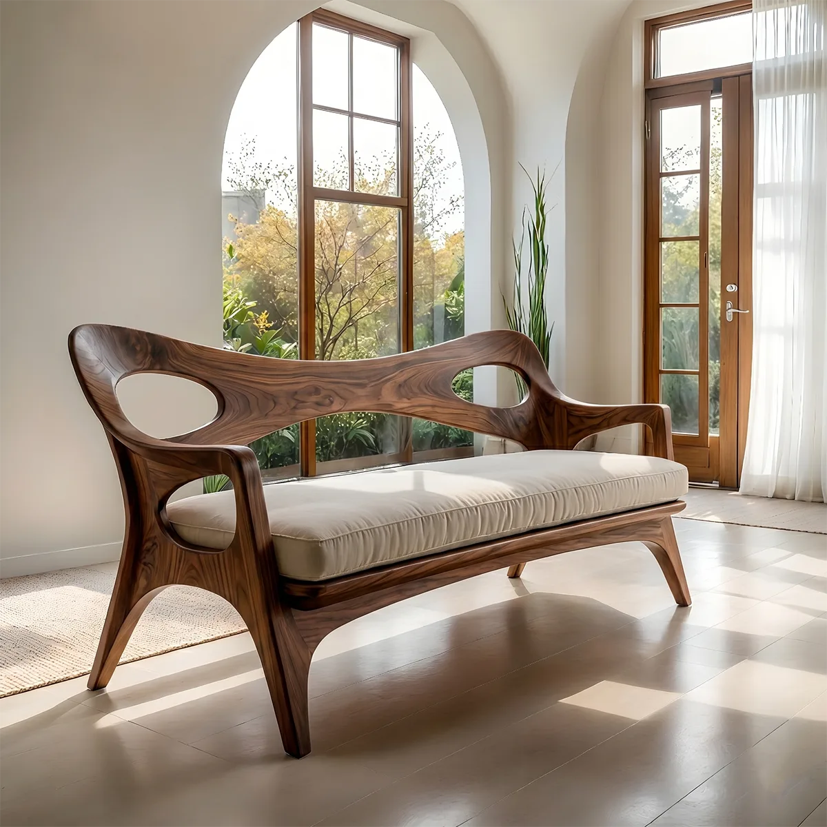 Artisan Organic Wooden Sofa with Sculptural Open-Frame Design