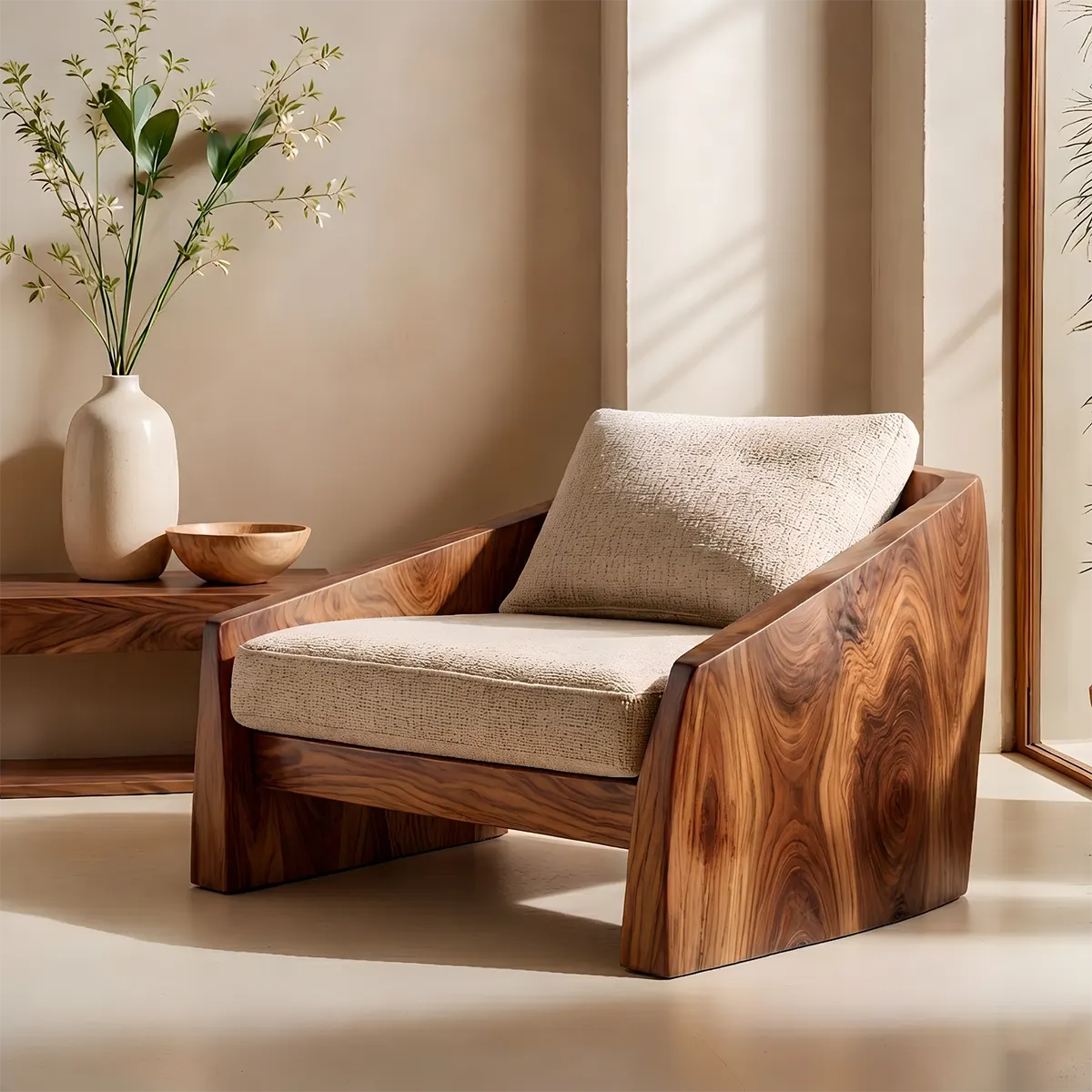 Modern Solid Wood Lounge Chair | Handcrafted Wooden Accent Chair with Sculptural Design TT006-1708