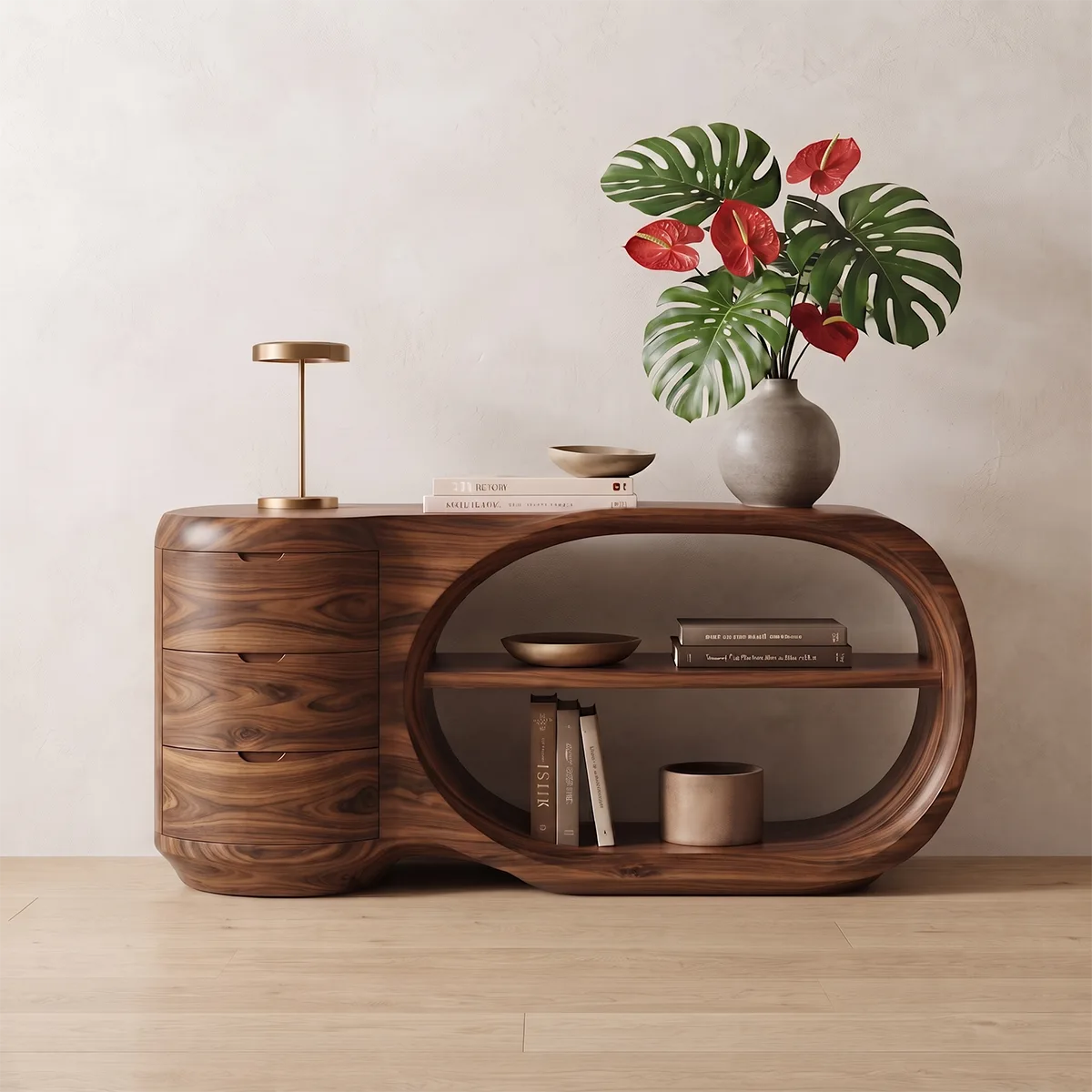 Modern Organic Storage Console Table with 3 Drawers & Open Shelves | Solid Wood Entryway Console TT006-7304