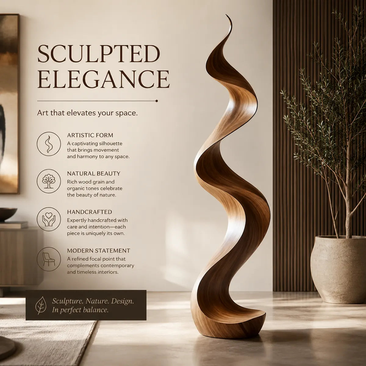 Handcrafted Solid Wood Wave Sculpture – Modern Organic Floor Art for Living Room & Entryway TT006-6662