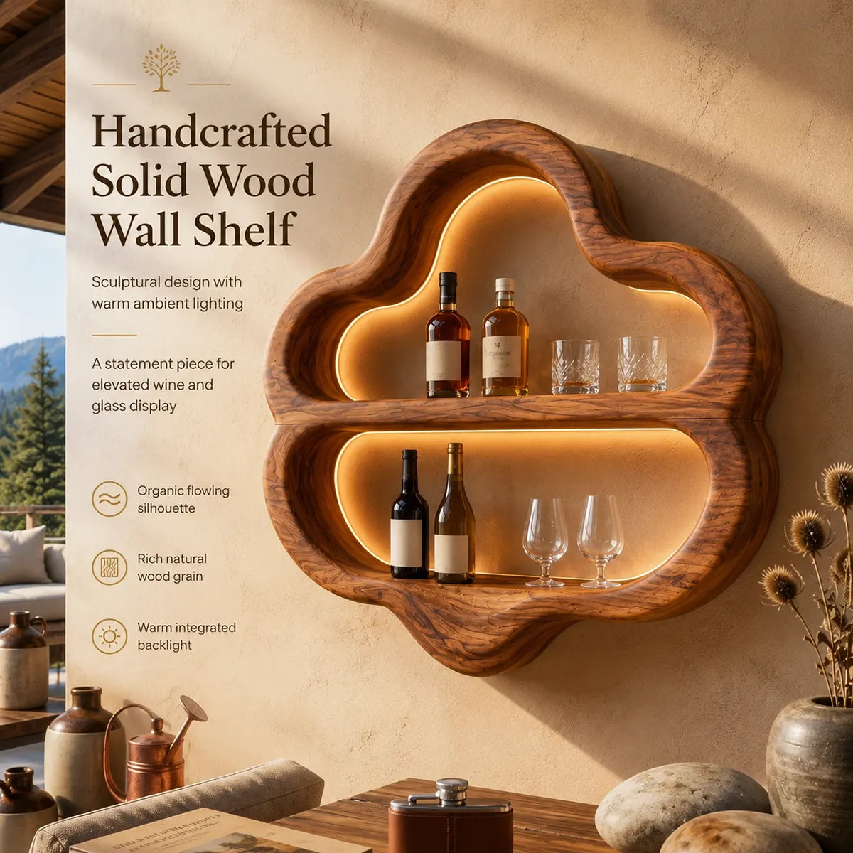 Sculptural Solid Wood Wall Wine Holder for Home Bars & Wine Lovers TT006-5261