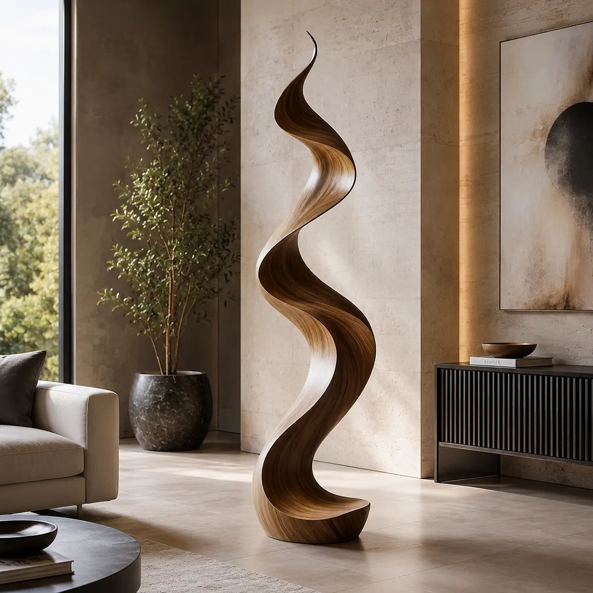 Handcrafted Solid Wood Wave Sculpture – Modern Organic Floor Art for Living Room & Entryway TT006-6662