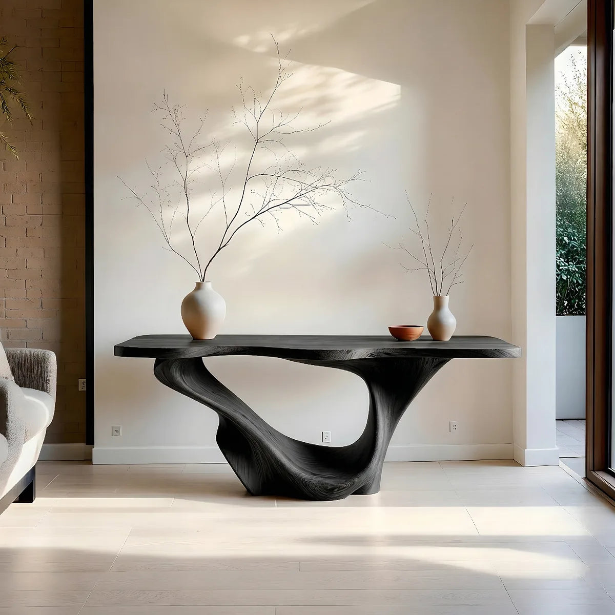 Sculptural Solid Wood Console Table with Organic Flowing Base