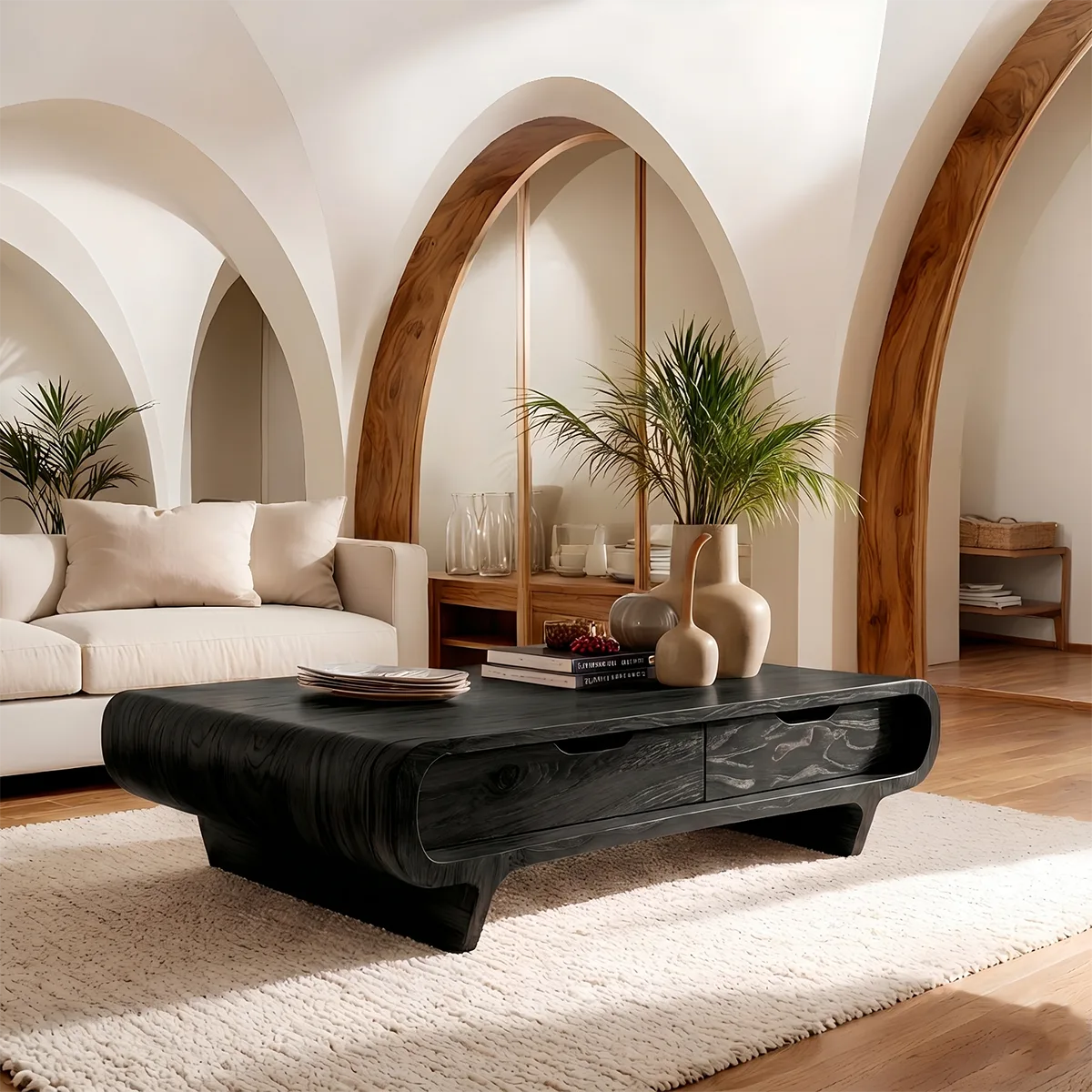 Handcrafted Wood Coffee Table with Drawers - Curved Silhouette Modern Design